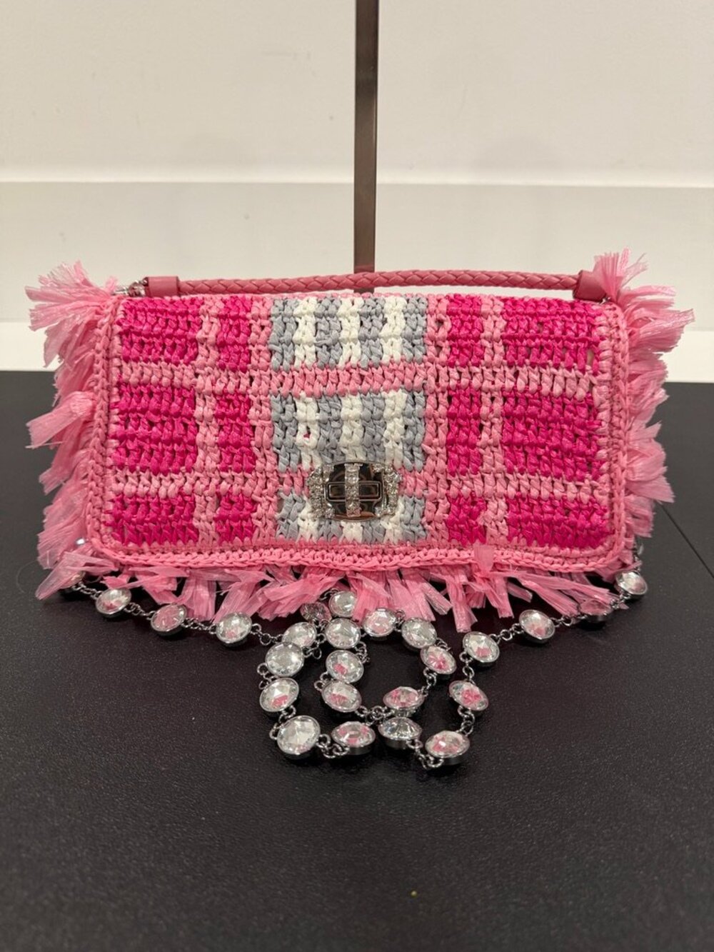 Miu Miu Pink Crystal Embellished Raffia Shoulder Bag (JB1513)